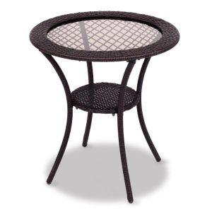 Round Rattan Wicker Coffee Table with Lower Shelf Brown |   Patio Tables Outdoor & Patio Furniture Brown