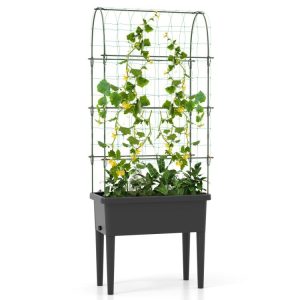 Self-watering Raised Garden Bed Elevated Planter with Climbing Trellis Black |   Raised Garden Beds Garden Black