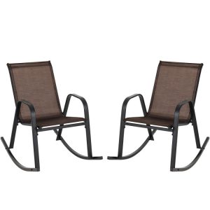 Set of 2 Metal Patio Rocking Chair with Breathable Seat Fabric Brown |   Patio Rocking Chairs & Gliders Outdoor & Patio Furniture Brown