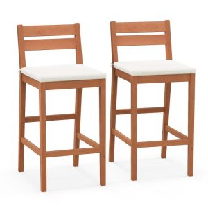 Set of 2 Outdoor Wood Barstools with Soft Seat Cushion Off White |   Patio Bar Furniture Outdoor & Patio Furniture Off White