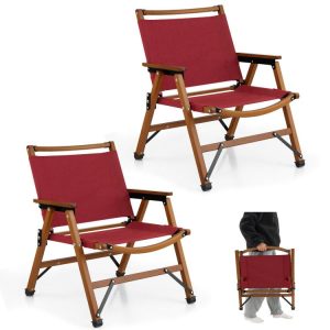 Set of 2 Patio Folding Camping Beach Chair with Solid Bamboo Frame Red |   Camping Furniture Camping Camping Furniture