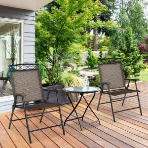 Set of 2 Patio Folding Chairs Sling Portable Dining Chair Set with Armrest Black |   Patio Dining Chairs Outdoor & Patio Furniture Black