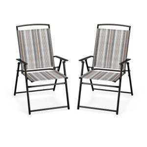 Set of 2 Patio Folding Sling Chairs Space-saving Dining Chair Gray |   Patio Dining Chairs Outdoor & Patio Furniture Gray