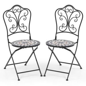 Set of 2 Patio Mosaic Chairs Metal Folding Chairs Black |   Patio Dining Chairs Outdoor & Patio Furniture Black