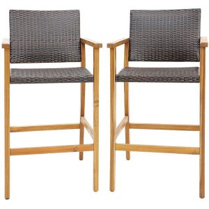 Set of 2 PE Wicker Patio Bar Chairs with Acacia Wood Armrests  |   Patio Bar Furniture Outdoor & Patio Furniture Patio Bar Furniture