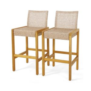 Set of 2 Rattan Patio Wood Barstools Dining Chairs with Backrest  |   Patio Dining Chairs Outdoor & Patio Furniture Patio Bar Furniture