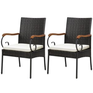 Set of 2/4 Outdoor PE Wicker Chair with Acacia Wood Armrests  |   Patio Dining Chairs Outdoor & Patio Furniture Patio Dining Chairs