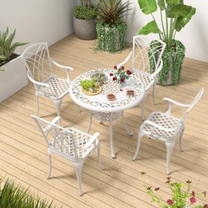 Set of 4 Cast Aluminum Patio Dining Chairs with Armrests and Decorative Patterns  |   Patio Dining Chairs Outdoor & Patio Furniture Patio Dining Chairs