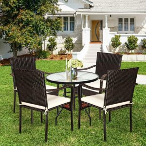 Set of 4 Patio Rattan Stackable Dining Chair with Cushioned Armrest for Garden Brown, Beige |   Patio Dining Chairs Outdoor & Patio Furniture Brown, Beige