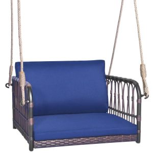 Single Person Hanging Seat with Seat and Back Cushions Navy |   Porch Swings Outdoor & Patio Furniture Navy