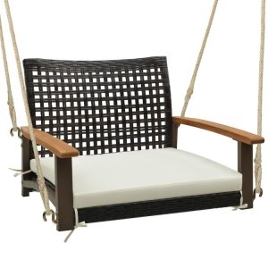 Single Rattan Porch Swing with Armrests Cushion and Hanging Ropes White |   Porch Swings Outdoor & Patio Furniture Porch Swings