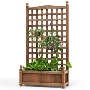 Solid Free Standing Wood Planter Box with Trellis for Garden Dark Brown |   Raised Garden Beds Garden Dark Brown