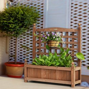 Solid Wood Planter Box with Trellis Weather-resistant Outdoor Dark Brown |   Raised Garden Beds Garden Dark Brown