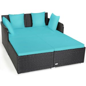 Spacious Outdoor Rattan Daybed with Upholstered Cushions and Pillows Turquoise |   Outdoor Sectionals Outdoor & Patio Furniture Outdoor Sectionals