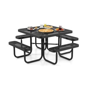 Square Picnic Table and Bench for 8 Person with Seats and Umbrella Hole Black |   Patio Tables Outdoor & Patio Furniture Black