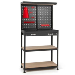 Tool Storage Workbench with Pegboard with 14 Hanging Accessories for Garage Red |   Garages Garages Garages