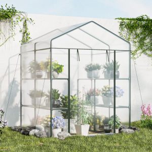 Walk-in Greenhouse with 3 Tiers 8 Shelves PVC Cover Roll-up Zippered Door Transparent |   Greenhouses Garden Greenhouses