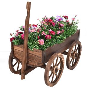 Wood Wagon Planter Pot Stand with Wheels  |   Raised Garden Beds Garden Raised Garden Beds