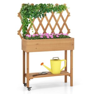 Wooden Raised Garden Bed Mobile Elevated Planter Box with Trellis Natural |   Raised Garden Beds Garden Natural