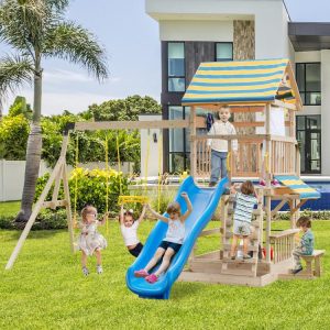 Wooden Swing Set with Large Upper Deck Slide and Steering Wheel  |   Swing & Playsets Outdoor Play Swing & Playsets