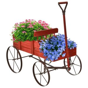 Wooden Wagon Plant Bed with Metal Wheels for Garden Yard Patio Red |   Plant Stands Garden Plant Stands