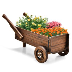 Wooden Wagon Planter Box with Wheels Handles and Drainage Hole Rustic Brown |   Raised Garden Beds Garden Raised Garden Beds