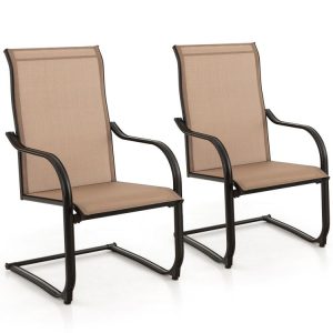 2 Pieces C-Spring Motion Patio Dining Chairs with Breathable Fabric Brown |   Patio Dining Chairs Outdoor & Patio Furniture Brown