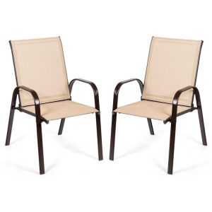 2 Pieces Patio Outdoor Dining Chair with Armrest Beige |   Patio Dining Chairs Outdoor & Patio Furniture Beige