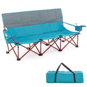 3 Person Folding Camping Chair with 2 Cup Holders Cotton Padding & Storage Bag Blue |   Camping Furniture Camping Blue