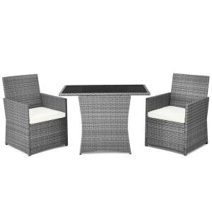 3 Pieces Patio Rattan Furniture Set with Cushioned Armrest Sofa White |   Patio Conversation Sets Outdoor & Patio Furniture Patio Conversation Sets