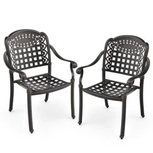 Cast Aluminum Patio Chairs Set of 2 with Armrests Brown |   Patio Dining Chairs Outdoor & Patio Furniture Brown