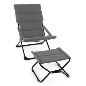 Patio Folding Sling Chair with Ottoman Footrest and Removable Cushion Gray |   Outdoor Chaise Lounges Outdoor & Patio Furniture Gray