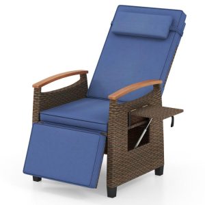 Patio Wicker Recliner Chair with Adjustable Backrest and Footrest Navy |   Outdoor Chaise Lounges Outdoor & Patio Furniture Navy