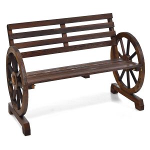 2-Person Outdoor Wooden Wagon Wheel Garden Bench Brown |   Outdoor Benches Outdoor & Patio Furniture Brown