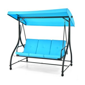 3 Seat Outdoor Porch Swing with Adjustable Canopy Blue |   Porch Swings Outdoor & Patio Furniture Blue