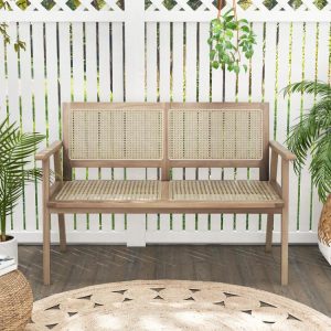 Indonesia Teak Wood Garden Bench with Armrests and Natural Rattan Backrest  |   Outdoor Benches Outdoor & Patio Furniture Outdoor Benches