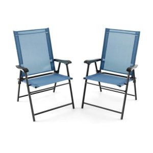 Patio Dining Chair Set of 2 with Armrests and Metal Frame Blue |   Patio Dining Chairs Outdoor & Patio Furniture Blue