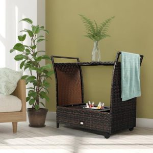 Patio Rattan Bar Serving Cart with Glass Top and Handle  |   Patio Bar Furniture Outdoor & Patio Furniture Patio Bar Furniture