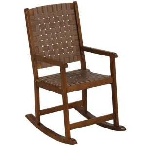 Patio Wood Rocking Chair with PU Seat and Rubber Wood Frame Brown |   Patio Rocking Chairs & Gliders Outdoor & Patio Furniture Brown