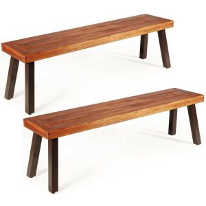 Set of 2 Patio Acacia Wood Dining Benches Red Brown + Dark Brown |   Outdoor Benches Outdoor & Patio Furniture Outdoor Benches