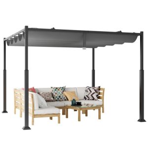 10 x 10 Feet Outdoor Pergola with Retractable Canopy and Metal Columns Gray |   Gazebos Outdoor Shades Gazebos