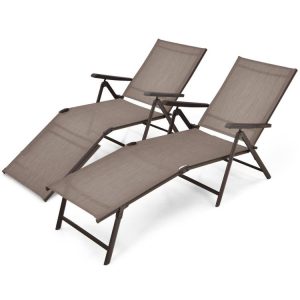 2 Pieces Foldable Chaise Lounge Chair with 2-Position Footrest Brown |   Outdoor Chaise Lounges Outdoor & Patio Furniture Brown