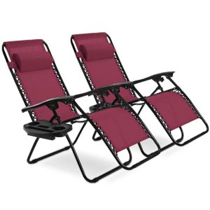 2 Pieces Folding Lounge Chair with Zero Gravity Dark Red |   Beach & Lawn Chairs Beach & Lawn Chairs Beach & Lawn Chairs