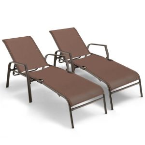 2 Pieces Patio Folding Chaise Lounge Chair Set with Adjustable Back Brown |   Outdoor Chaise Lounges Outdoor & Patio Furniture Brown