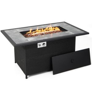 52 Inch Rattan Wicker Propane Fire Pit Table with Rain Cover and Lava Rock Black |   Fire Pits Fire Pits Black