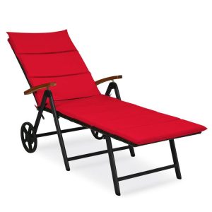 Folding Patio Rattan Lounge Chair with Wheels Red |   Outdoor Chaise Lounges Outdoor & Patio Furniture Outdoor Chaise Lounges