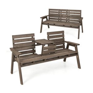 Outdoor Fir Wood Bench with Foldable Middle Table Gray |   Beach & Lawn Chairs Beach & Lawn Chairs Beach & Lawn Chairs