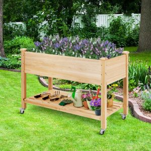 Wood Elevated Planter Bed with Lockable Wheels Shelf and Liner Natural |   Raised Garden Beds Garden Natural