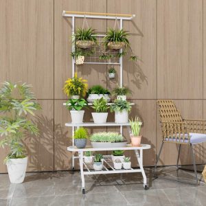 4-Tier Hanging Plant Stand with Hanging Bar White, Tan |   Plant Stands Garden Plant Stands