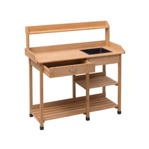 Fir Wood Potting Bench with Open Shelves and Sink for Planting Natural |   Potting Benches & Tables Garden Natural